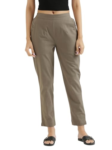 Image of SAADAA Women's Regular Fit Mid-Rise Cotton Pants | Half-Elasticated Waist | Comfortable Casual Trousers with 2 Pockets for Daily, Office & Travel Wear |