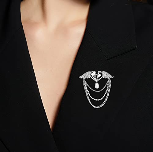 Image of Beating Heart with Angel Wings Brooch Lapel Pin Tassel Collar Pin Crystal Love Heart Brooch Badge
