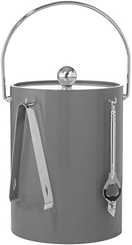 Hand Made In USA Gray Double Walled 5-Quart Insulated Ice Bucket With Ice Tongs & Bottle Opener