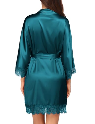 Image of Ekouaer Womens Silk Robes Short Lace Trim Satin Bride Bathrobe with Pockets