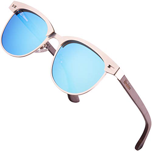 Verdster Rome - Gafas de Sol Grandes Media Montura de Acero Inoxidable con Patillas de Madera de Kosso