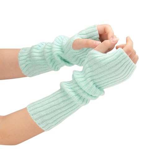 bawilom Women's Long Fingerless Gloves Fashion Stretch Arm Warmers Knit Arm Sleeves for Teen Girl Thumb Hole Stretchy Gloves Sky Blue