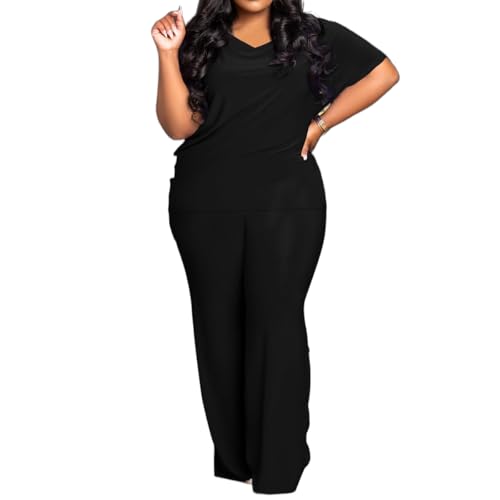 TOPSRANI Womens Plus Size Lounge Set V-Neck 2 Piece Outfits Sweatsuits Tracksuit Short Sleeve Baggy Wide Leg Pant Sets2