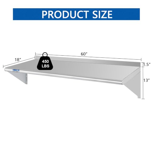 Image of HARDURA Stainless Steel Shelf 18 inch x 60 inch, 450lb Commercial Shelves Wall Mount Metal Shelving with Backsplash and Brackets for Kitchen, Restaurant, Laundry Room and Home