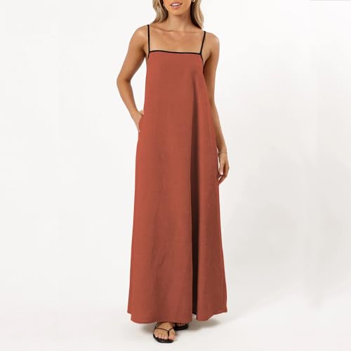 Image of Senllen Women's Linen Dress Summer Loose Flowy Sundress Contrast Spaghetti Strap Sleeveless Backless Beach Maxi Long Dresses