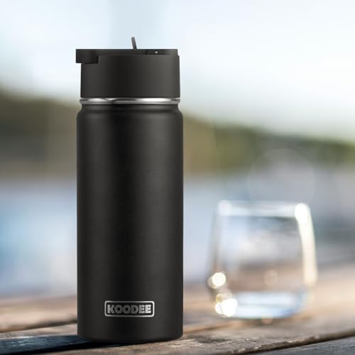 Image of Koodee Water Bottle for Boy 16 oz Stainless Steel Vacuum Insulated Wide Mouth Sports Water Bottle with Straw Lid-Reusable Metal Water Flask BPA Free (Black)