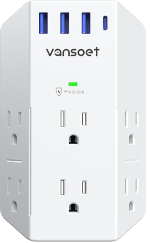 Extensión de toma múltiple Vansoet con 6 salidas y 4 puertos USB (1 USB C PD 20W), protector de sobretensión de 2100J, tomas en 3 lados para viaje, hogar, oficina, dormitorio miniatura 1
