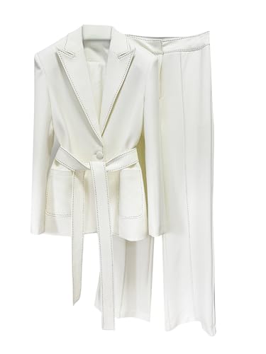 Women's Elegant 2 Pcs Set Lapel Lace-up Waist Bright Line Blazer Coat High Waist Solid Pant Female's Cotton Suit Set