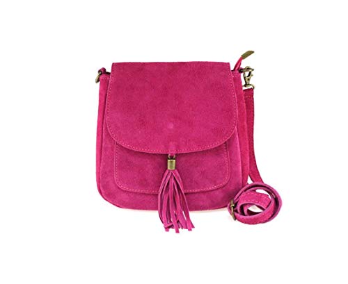 Made in Italy Damen Leder Tasche Messenger Bag Henkeltasche Wildleder Handtasche Umhängetasche Ledertasche Schultertasche Beuteltasche Fransen Cross-Over Pink Cover