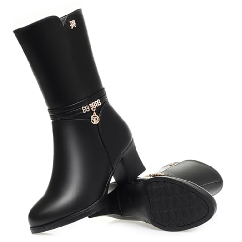 Women's Warm Mid-Calf Leather Boots Comfortable Chunky Heel Side Zipper Fur Lining Winter Boots with Decorative Rhinestones & Pendant4