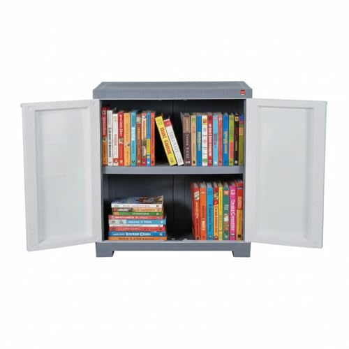 Image of Cello Novelty Compact Bookshelf, White & Grey | 2 Dustproof Doors | Space Saving Cupboard | Plastic Book Shelf | Multipurpose Book Shelf for Home, Office | Book Organizer for Library