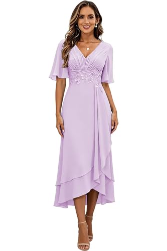 Image of Lace Applique Mother of Bride Dresses Chiffon Mother of the Groom Dresses Tea Length Formal Evening Dress with Sleeve