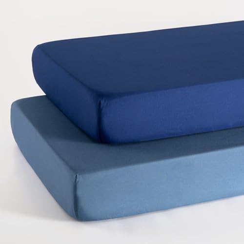 Image of TILLYOU Baby Crib Sheets for Boys Girls, Fitted Crib Sheet 2 Pack for Standard Crib and Toddler Mattresses, Super Soft Toddler Bed Sheets 28"x52", Navy & Stone Blue
