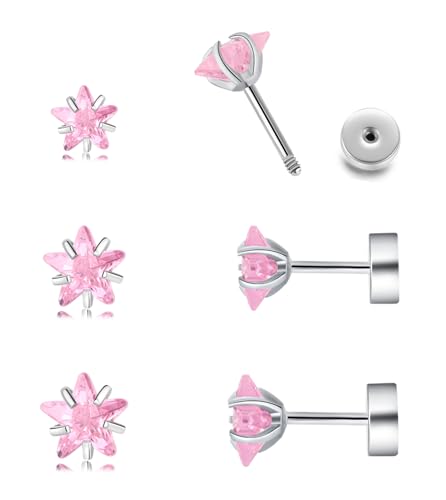 3-5 Pairs Square Earrings Set for Men Women, 14K Gold Filled Princess Cut Clear Cubic Zirconia Stud Earrings, Hypoallergenic Surgical Steel Flat Back Stud Earrings for Sensitive Ear, Lightweight Shiny Earrings Studs for Helix Tragus Cartilage Multiple Piercing, 3-7MM