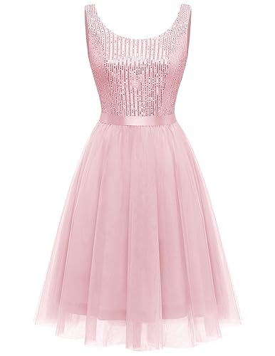 Image of BeryLove Sequin Dress for Woman Vintage A Line Wedding Formal Swing Mesh Dress Sleeveless Cocktail Maxi Gowns