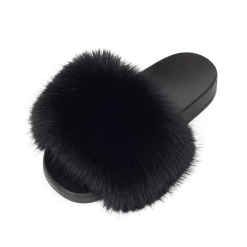 Image of Women's Faux Fur Slides Slippers Fluffy Fuzzy Sandals Open Toe Furry Slide Flip Flop Indoor Outdoor