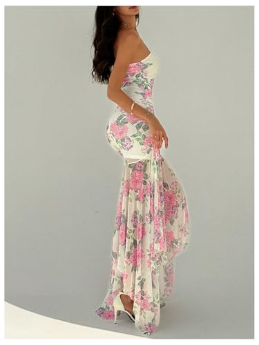 Image of Floerns Tube Tops Dress for Women Asymmetrical Stretch Sexy Ruched Long Bodycon Cocktail Evening Wedding Guest Dress