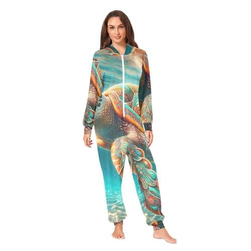 Pijama mameluco de tortuga marina para adulto unisex de felpa con capucha y cremallera