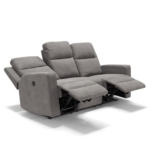 Divano reclinabile motorizzato Cesena a 3 posti, 2 reclinabili in maniera indipendente e 1 fisso, massima imbottitura, design adatto per ambienti classici e moderni (Grigio senza Kit Batteria)