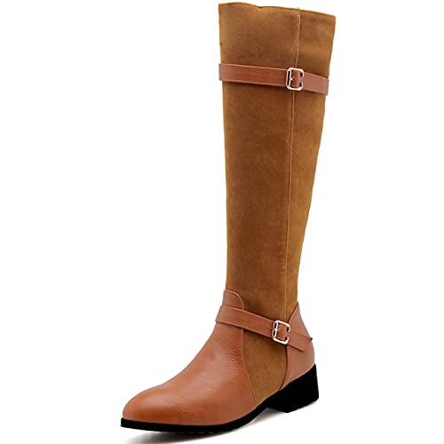 UniqueStride Womens Chunky Low Heel Knee High Riding Boots Buckle Zip up Flat Boots