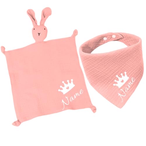 Personalisiertes Baby-Set mit Name – Dreieckstuch und Kuscheltuch – Weiches Baby-Accessoire-Set für Neugeborene und Babys – Unisex, Hautfreundlich – Perfekt zur Geburt und Taufe (Rosa)