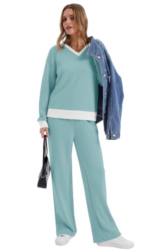Image of WIHOLL Lounge Sets for Women 2026 V Neck 2 Piece Outfits Airport Wide Leg Pants Matching Set Sweatsuits