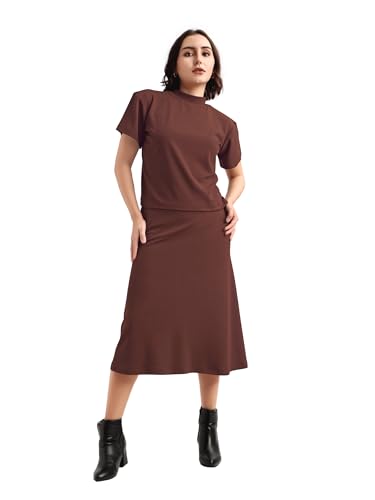 Image of PURVAJA Women's Short Sleeve Top with Skirt Solid Co-ords Set