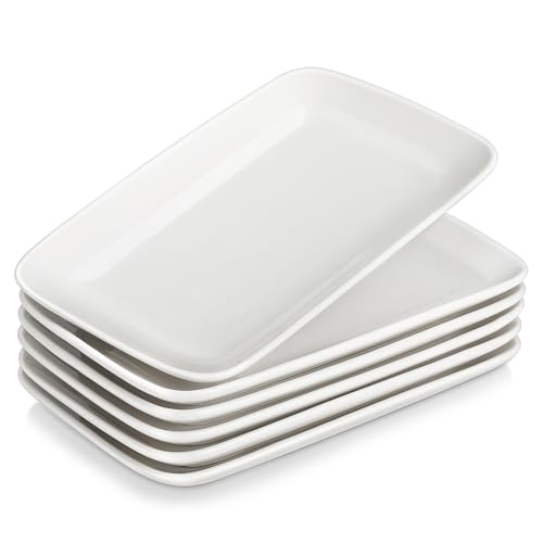 MALACASA Servierplatte Porzellan, Serviertablett 6-teiliges Set, Rechteckig Servierplatte für Buffets, Sushi, Kuchen, Vorspeisen zu Hause/im Restaurant, 25 x 14 cm Weiß