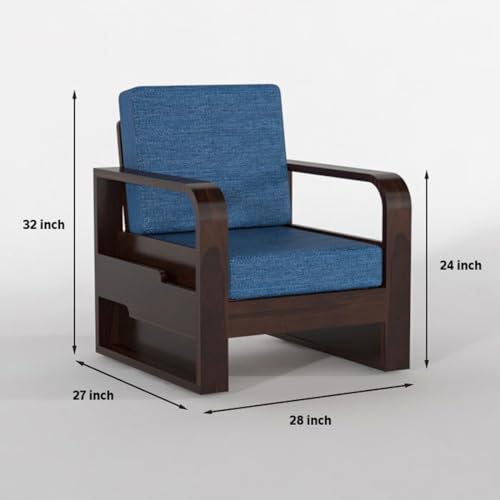 Image of Solid Sheesham Wooden 5 Seater Sofa Set for Living Room | Sofa Set with Side Pocket Storage & Cushion | Rosewood Sofa Set for Home (Walnut with Blue Cushion, 5 Seater)