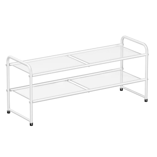 Image of 2 Tier Shoe Storage Rack with Steel Mesh Shelves for Entryway, White | 33 Inch Wide, Sturdy Metal, Stackable & Adjustiable Shelf Height, Easy Assembly