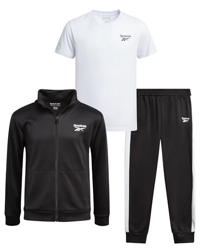 Reebok Boys Joggers Set - 3 Piece Boys Tracksuit Set with Tricot Zip Up Jacket Athletic Cotton T-Shirt and Jogger Sweatpants, Size 8, Black/White