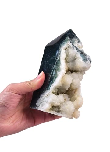 AMOYSTONE Healing Crystal Tower Moss Agate Obelisk 1.3-1.7lb - Geode Cluster Energy Desk Meditation Crystal Spiritual Gift