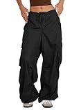 ARTFREE Cargo Pants for Women Baggy Parachute Pants with Pockets Low Waisted Loose Y2K Drawstring Casual Pants Black