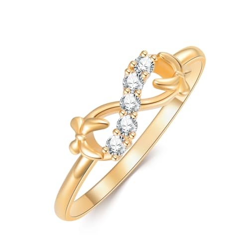 Silwan 14K Yellow Gold Moissanite Infinity Ring for Women,Solid Gold Infinity Love Band Rings with Two Bows Engagement Promise Rings Fine Jewelry Gifts for Her Mom Wife Girlfriend