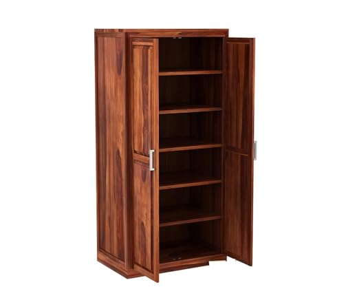 Image of Solid Wood 2-Door 5 Shelf Wardrobe Cupboard Almirah: Elegant Storage Solution for Clothes (Teak) (B-Hony)