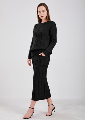 Image of chouyatou Women Winter Casual Chunky Cable Knit Long Pencil Skirt 2 Piece Outfit Oversized Pullover Sweater Sets