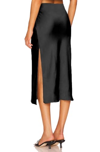 Women's High Waisted Silky Satin Midi Skirt Elastic Waist A Line Skirt with Slit4