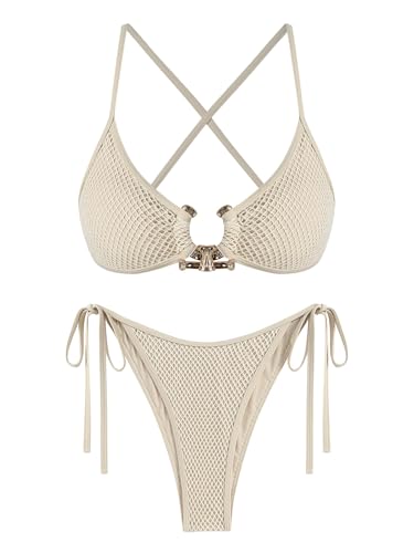 ZAFUL Women's Sexy Cutout Bikini Set High Cut Textured Metal Ring Cheeky Swimsuit Two Piece Bathing Suit