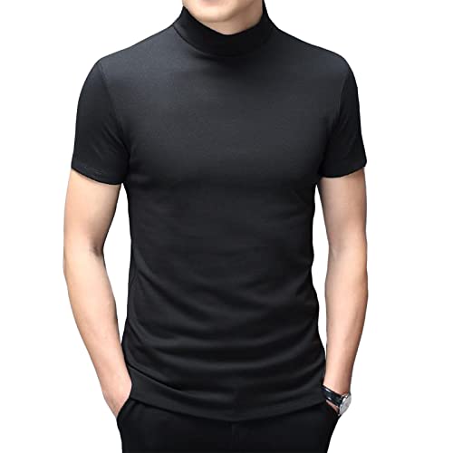 Mens T Shirt Short Sleeve Basic Mock Turtleneck Slim Fit Undershirt Pullover Thermal Solid Tops Black