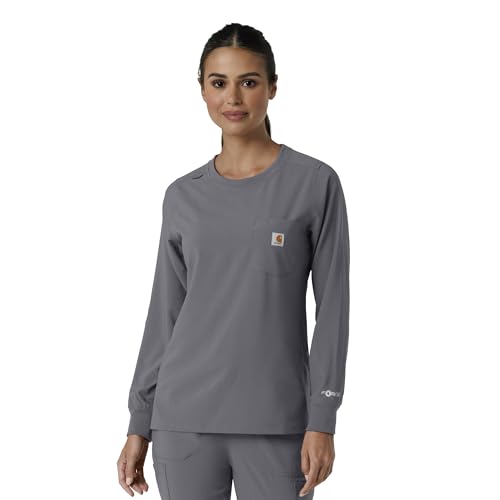 Carhartt Force Cross-Flex Women's Crew Neck Long Sleeve Scrub Top, Pewter, XL