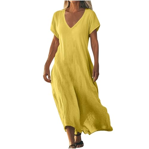 AACH Strandkleid Damen Lang Sommerkleider Elegant Kurzarm Freizeitkleid Lose Boho Maxikleid V-Ausschnitt Kleider Baumwolle Leinen Kleid Einfarbig...