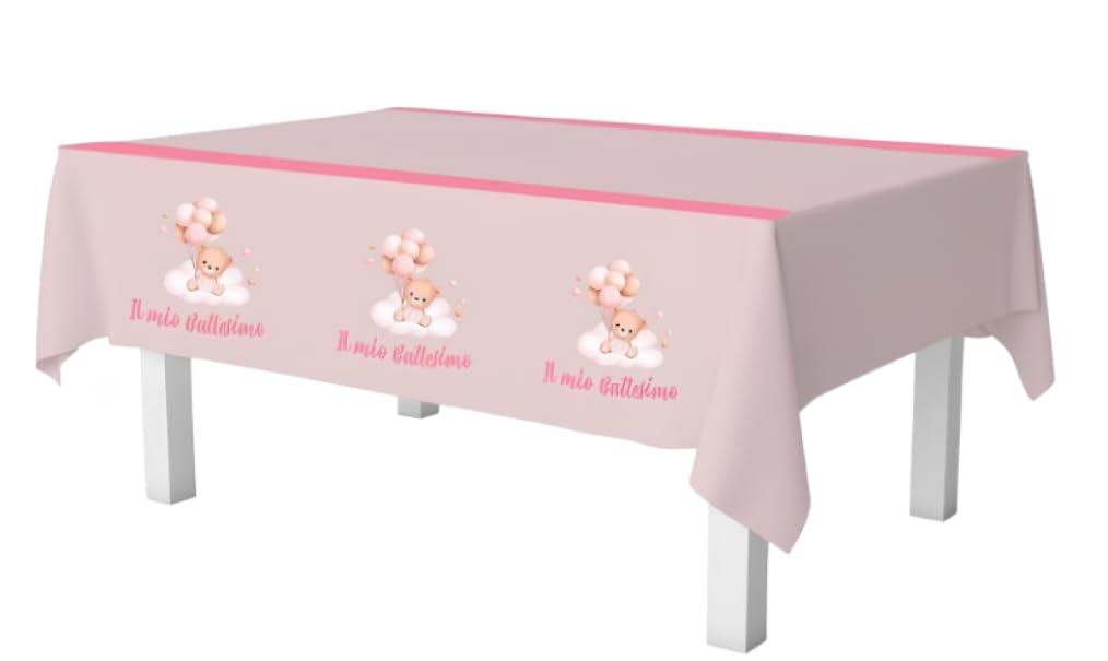 Set Battesimo Bambina Rosa 24 Ospiti (98 Pezzi: 24 Piatti 23cm, 24 Piatti 18cm, 24 tovaglioli, 24 Bicchieri, 1 tovaglia, 1 Festone)