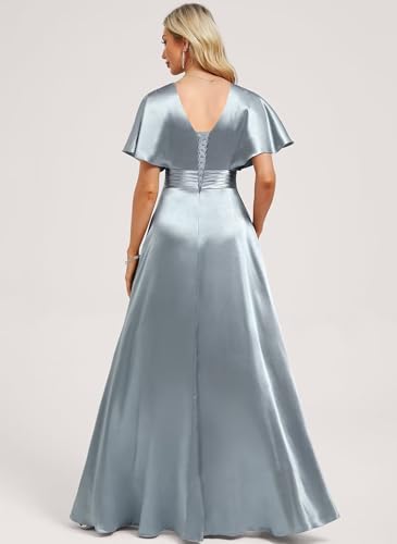 Image of Elegant Satin Bridesmaid Dress with Sleeves Ruffles High Silt Formal Dresses Long for Women Fall DIN022