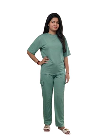 Women's Solid Mint Green Co-ord Set Half Sleeve T-shirt & Cargo Pants||Casual Half Sleeve T-Shirt and Cargo Pant|Stylish Ladies Cord Set|Latest Track Suit Round Neck|Strechable|True To L-XL-image-4
