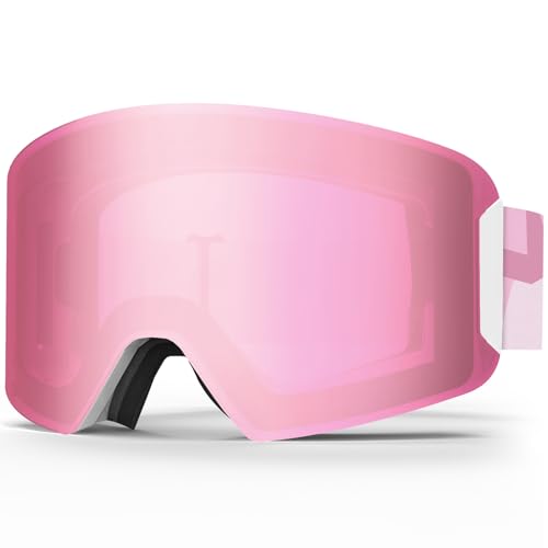 Findway Kids Ski Goggles, 100% UV Protection Snow Goggles Anti-Fog for Boys & Girls, Pink Silver Lens