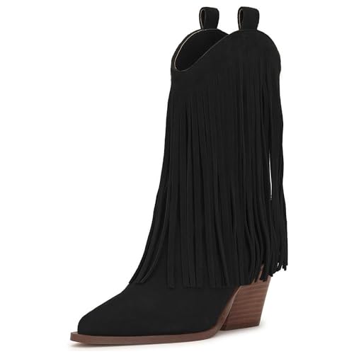 SHODENSE Women Fringe Cowboy Calf Boots Chunky Stacked Heel Mid Calf Western Boots Suede Pointed Toe Cowgirl Boots Tassel Side Zipper V-Cut Calf High Dress Boots Vintage Retro Casual 4-11 M US