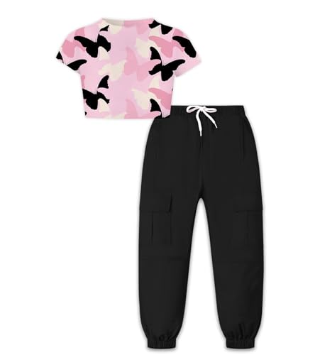 Image of Betusline Girls 2 Piece Outfits, Butterfly T Shirt Girl Crop Tops + Black Cargo Pants Multi-Pocket Summer Clothing Sets, 11-12 Years = Tag 160