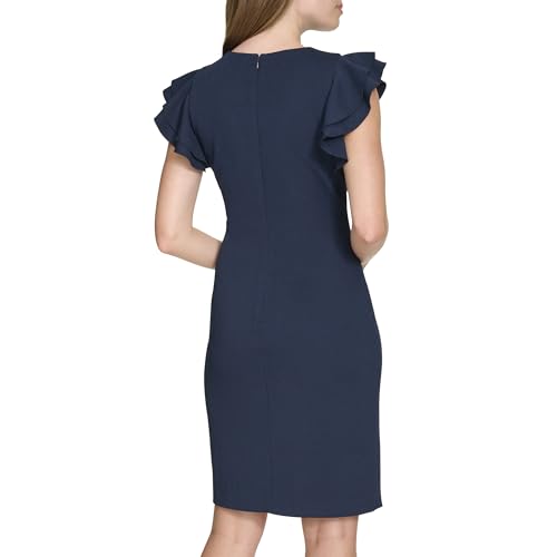 Image of Tommy Hilfiger Women's Sleeveless Ruffle Hem Jewel Neck Crepe Sheath Mini Dress