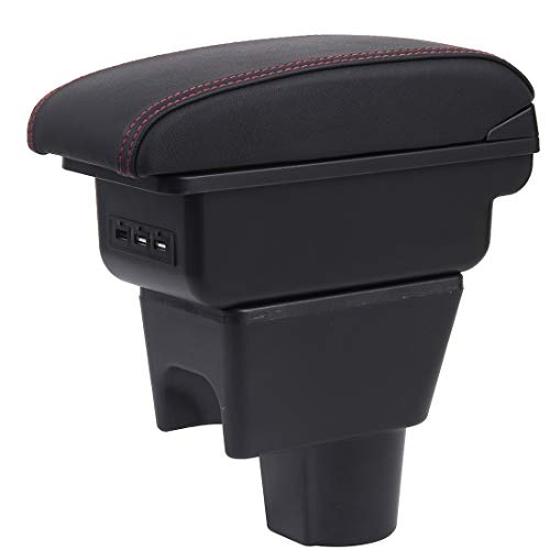 Voiture Accoudoirs Pour Duster I 2010-2015 Boîte de Rangement de La Console Centrale Intérieure Double Couche avec 3 ports de charge USB Noir avec surpiqûres rouges
