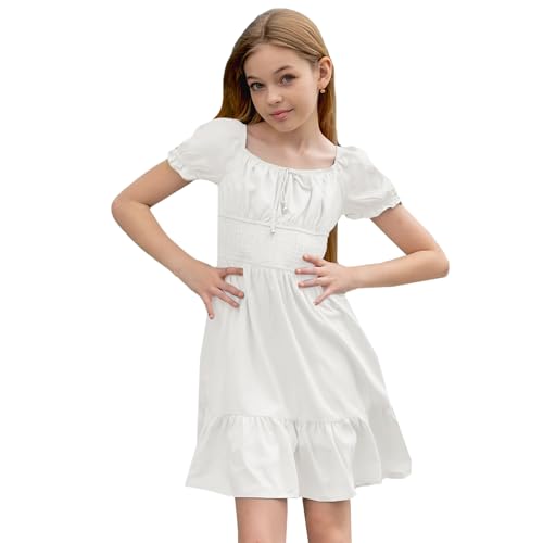 Simplee kids Girls Dresses Off The Shoulder Girl Summer Dress Tween Smocked Ruffle Puff Sleeves Dresses for Kids 4-15 Years White